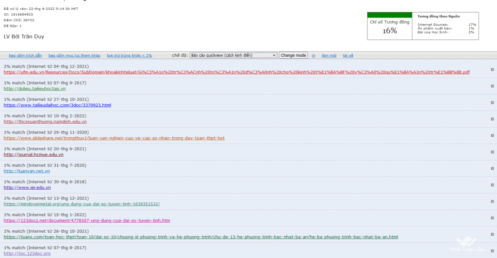 Kết quả quét đạo văn bằng phần mềm iThenticate